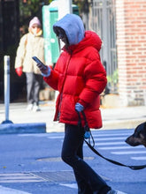 Emily Ratajkowski Red Puffer Hooded Jacket 01