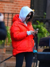 Emily Ratajkowski Red Puffer Hooded Jacket 02