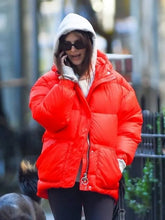 Buy Emily Ratajkowski Red Puffer Hooded Jacket