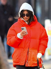 Shop Emily Ratajkowski Red Puffer Hooded Jacket