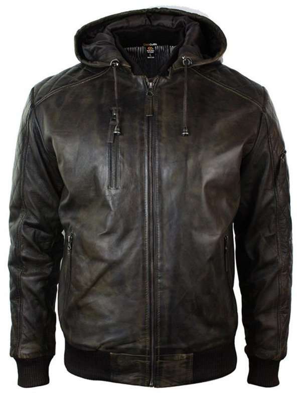 Men’s Dark Brown Distressed Hooded Leather Jacket