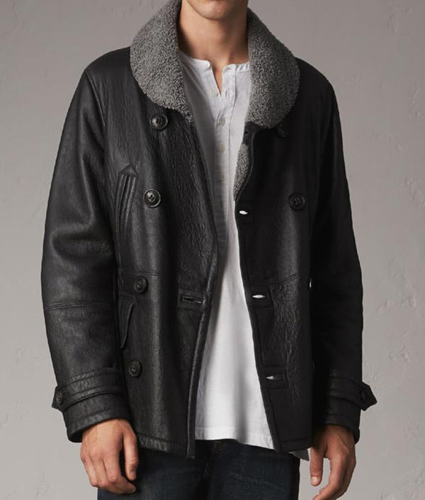Mens Double Breasted Shearling Black Pea Coat