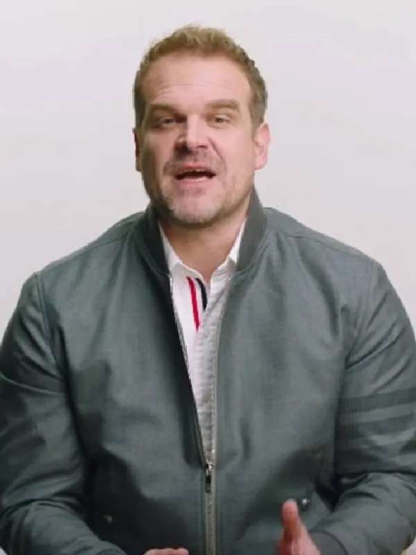 David Harbour Stranger Things Season 4 Grey Bomber Jacket